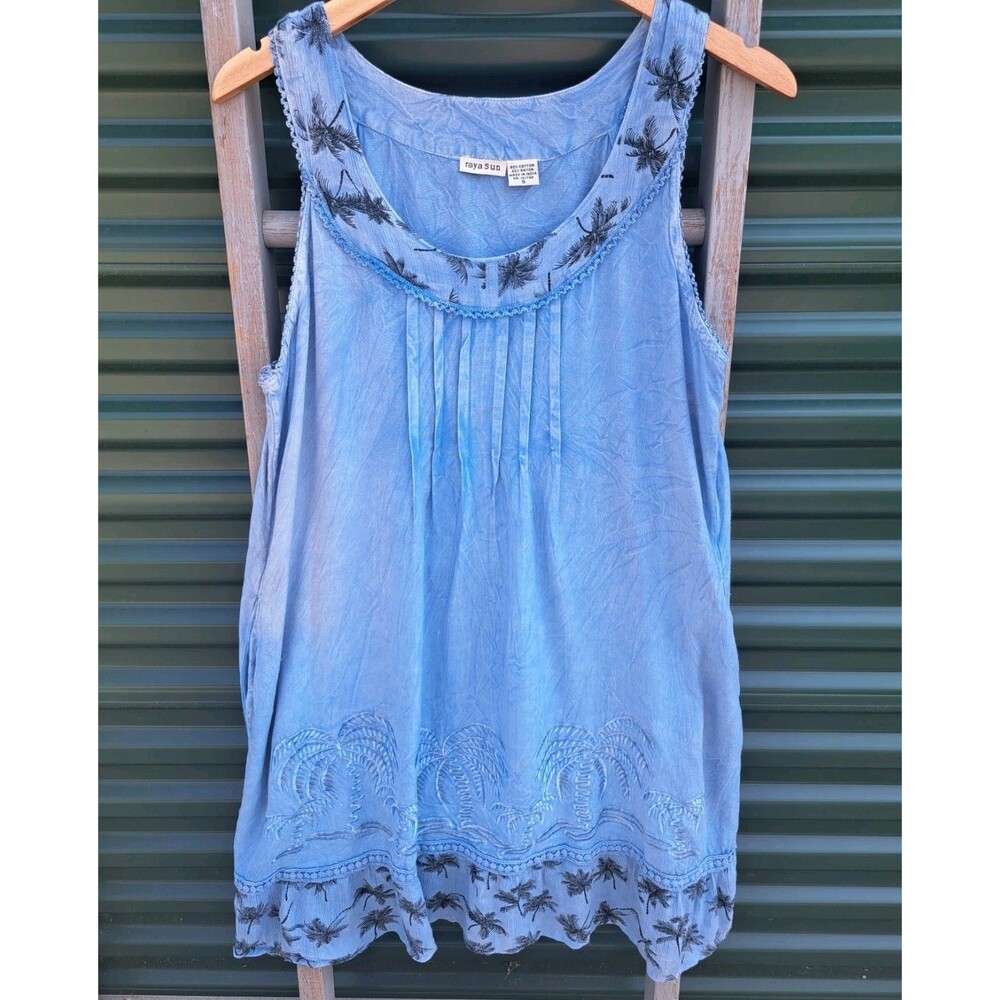 Raya Sun Small Blue Resort Vacation Wear Dress Tropical Palm Tree 37" Length Top